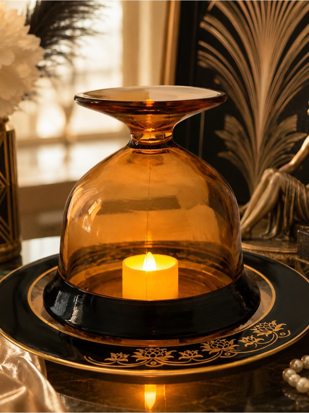 Vintage Amber Glass Fairy Lamp | Black & Gold Accent Plate | Elegant Decor